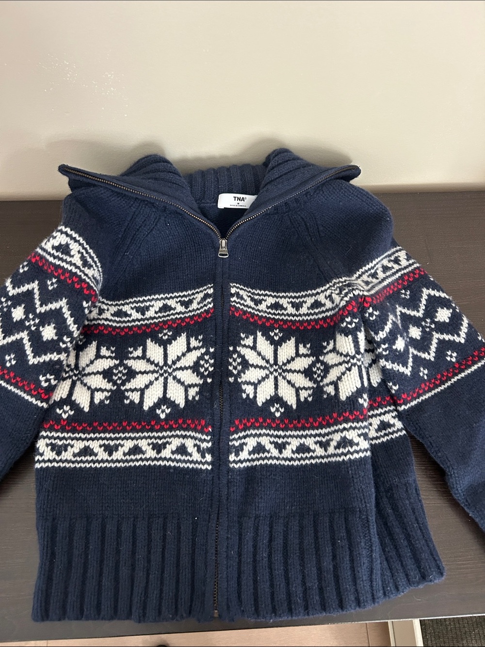 Aritzia Navy Zip-Up Fair Isle Cardigan with White and Red Accents